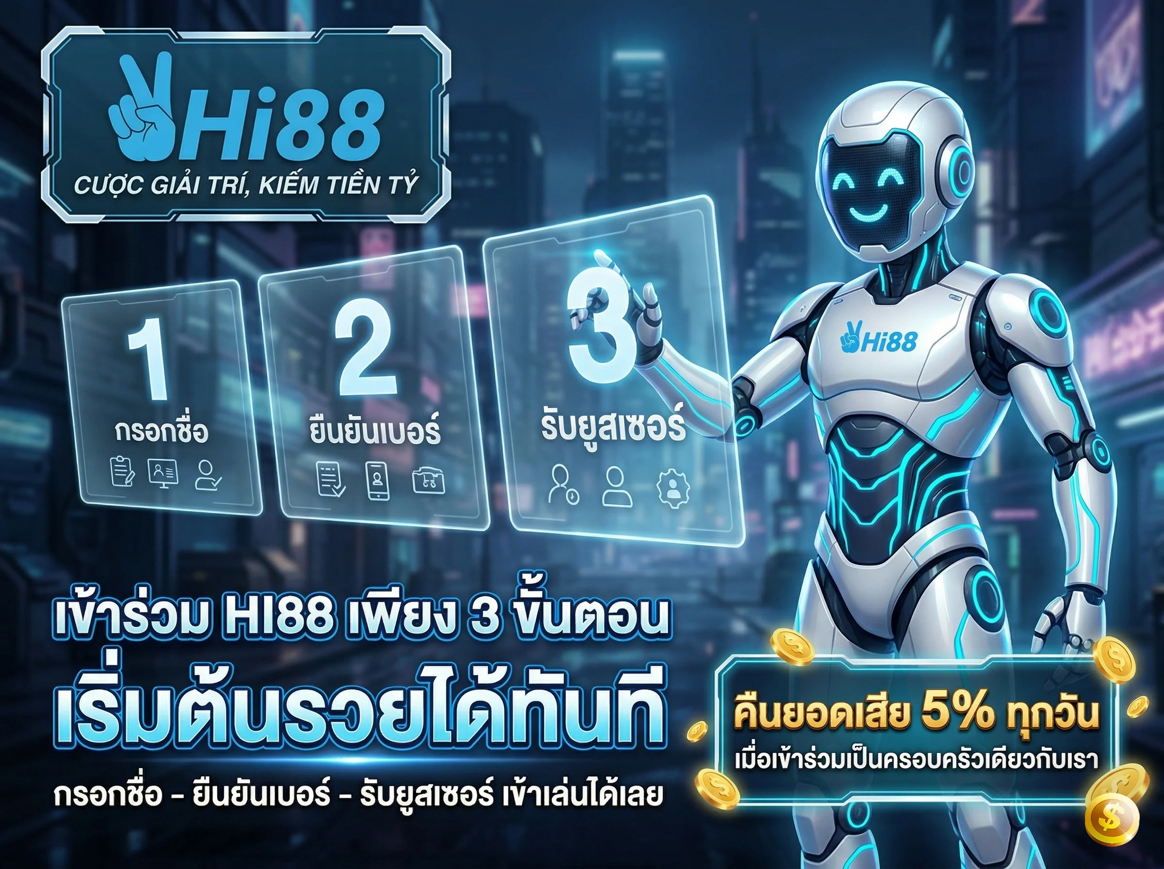 เข้าร่วม HI88 ขั้นตอนการสมัครสมาชิกง่ายๆ พร้อมรับเงินคืน 5% ทุกวัน